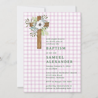 006 Wine Rustic Greenery Wooden Cross Baptism Invitation