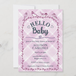 006 Wine Watercolor Gingham Birds Baby Shower Invitation