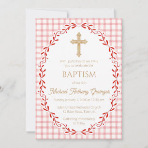 007 Red Botanical Vine Ornate Cross Baptism Invitation