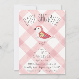 007 Red Cute Floral Bird Gingham Baby Shower Invitation