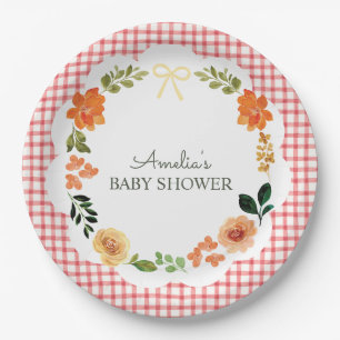 007 Red Floral Gingham Baby Shower Paper Plate