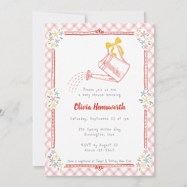 007 Red Gingham Watering Can Baby Shower Invitation (Front)