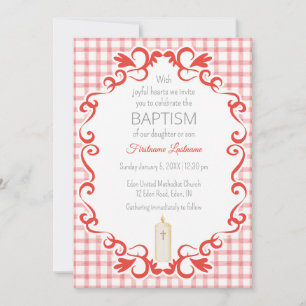 007 Red Scroll Gingham Cross Candle Baptism Invitation