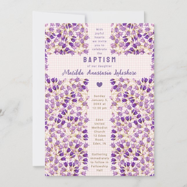 007 Red Stained Glass Garden Gingham Baptism Invitation (Front)