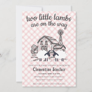 007 Red Two Little Lambs Farm Gingham Baby Shower Invitation