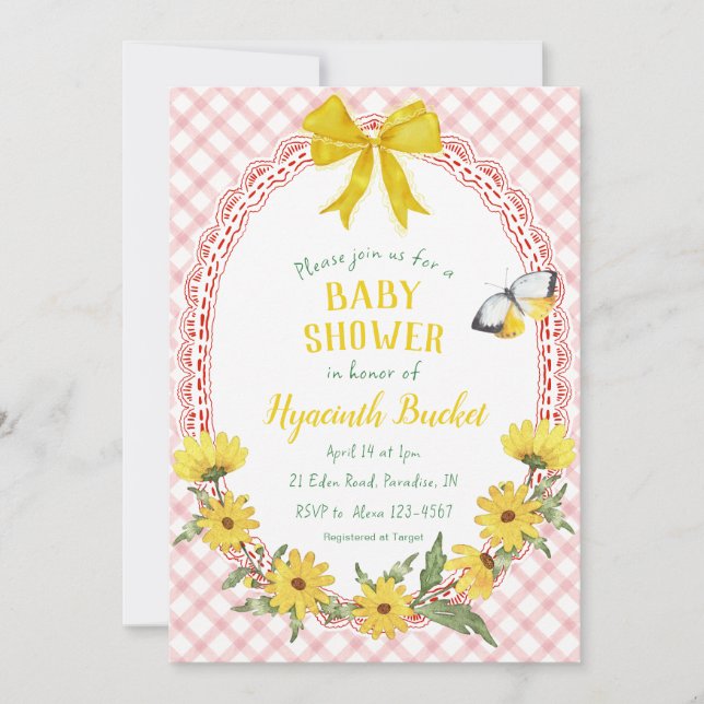 007 Red Yellow Daisy Bow Gingham Baby Shower Invitation (Front)