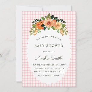 008 Blush Floral Gingham Baby Shower Invitations