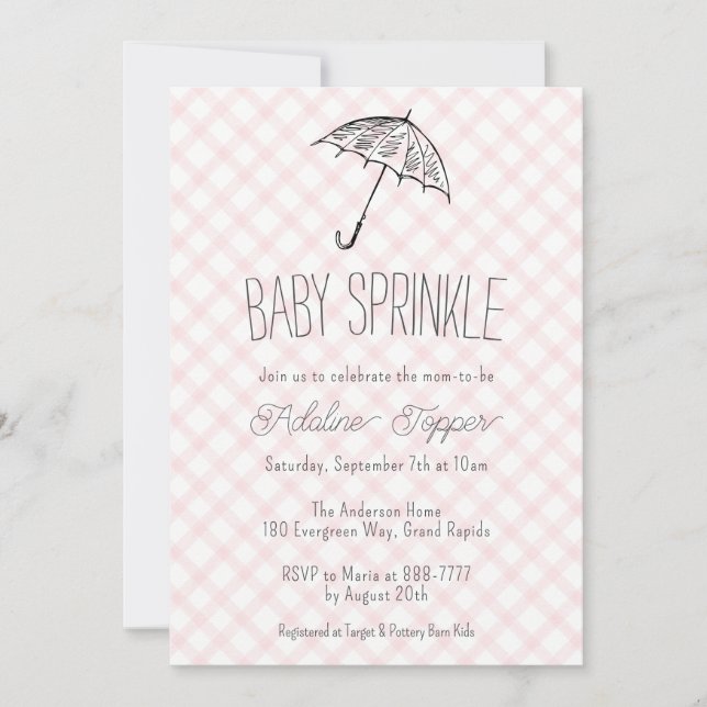 008 Blush Modern Umbrella Gingham Baby Sprinkle Invitation (Front)