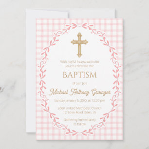 008 Blush Pink Botanical Vine Ornate Cross Baptism Invitation