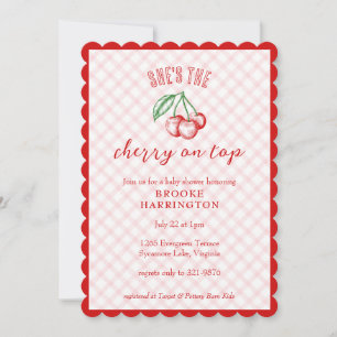 008 Blush Pink Cherry on Top Gingham Baby Shower Invitation