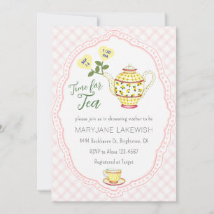 008 Blush Pink Cute Gingham Tea Party Baby Shower Invitation