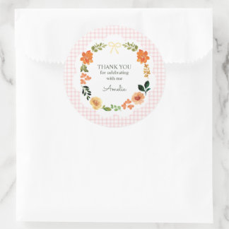 008 Blush Pink Floral Gingham Baby Shower Classic Round Sticker