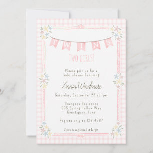 008 Blush Pink Gingham Floral Twins Baby Shower Invitation