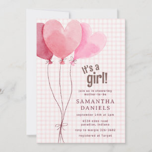 008 Blush Pink Heart Balloon Gingham Baby Shower Invitation