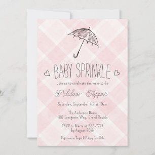 008 Blush Pink Plaid Umbrella Baby Sprinkle Shower Invitation