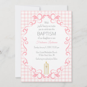 008 Blush Pink Scroll Gingham Cross Candle Baptism Invitation