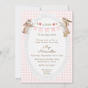 008 Blush Pink Sweet Bunny Gingham Baby Shower Invitation