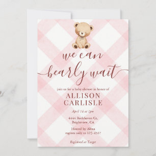 008 Blush Pink Teddy Bear Gingham Baby Shower Invitation