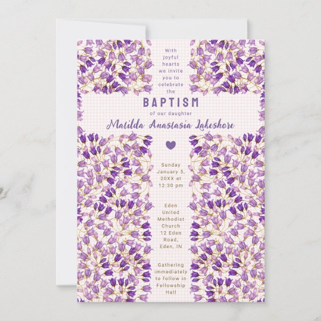 008 Blush Stained Glass Garden Gingham Baptism Invitation (Front)