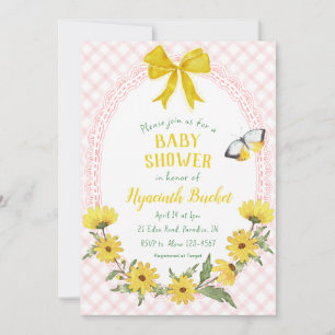 008 Blush Yellow Daisy Bow Gingham Baby Shower Invitation