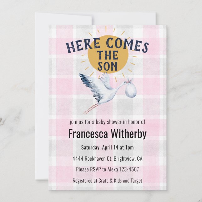 009 Fuchsia 020 Fog Sun Plaid Stork Baby Shower Invitation (Front)