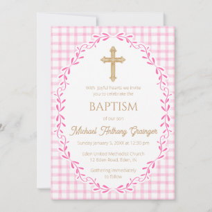 009 Fuchsia Botanical Vine Ornate Cross Baptism Invitation