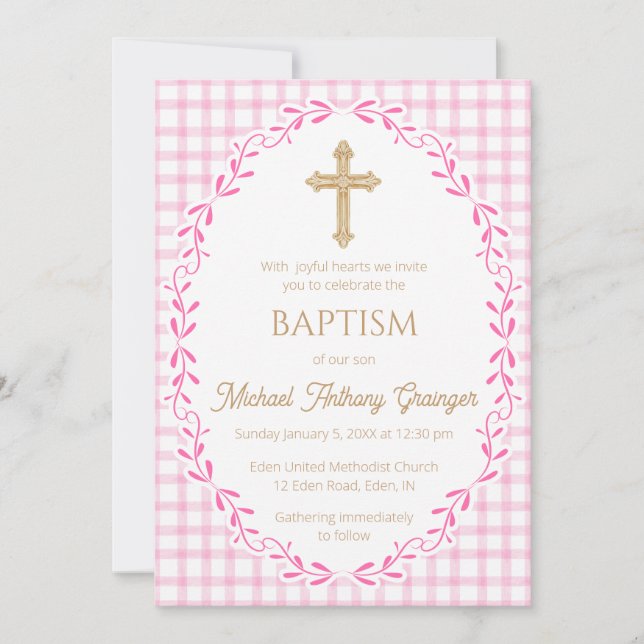 009 Fuchsia Botanical Vine Ornate Cross Baptism Invitation (Front)