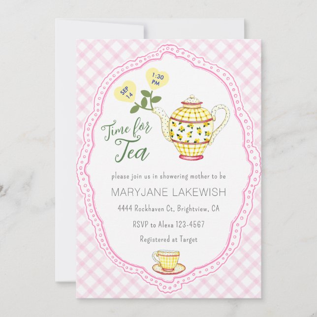 009 Fuchsia Cute Gingham Tea Party Baby Shower Invitation (Front)