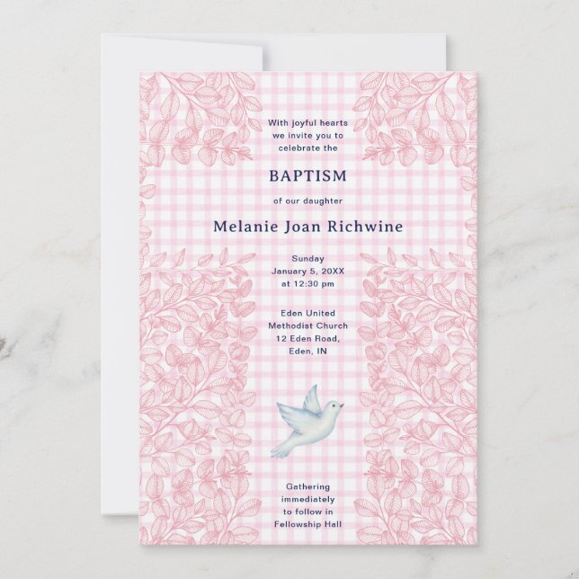 009 Fuchsia Dove Botanical Cross Gingham Baptism Invitation (Front)