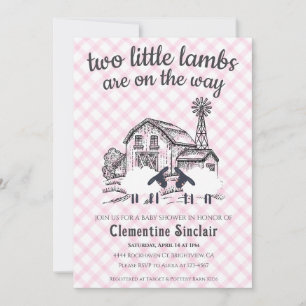 009 Fuchsia Little Lambs Farm Gingham Baby Shower Invitation