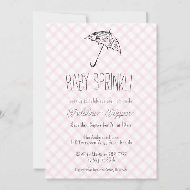 009 Fuchsia Modern Umbrella Gingham Baby Sprinkle Invitation (Front)