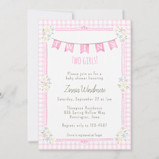 009 Fuchsia Pink Gingham Floral Twins Baby Shower Invitation