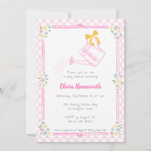 009 Fuchsia Pink Gingham Watering Can Baby Shower Invitation