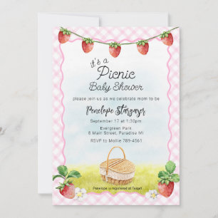 009 Fuchsia Pink Strawberry Picnic Baby Shower Invitation