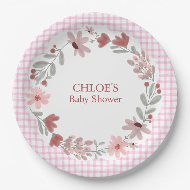009 Fuchsia Pink Wildflower Bow Frame Gingham Paper Plate (Front)