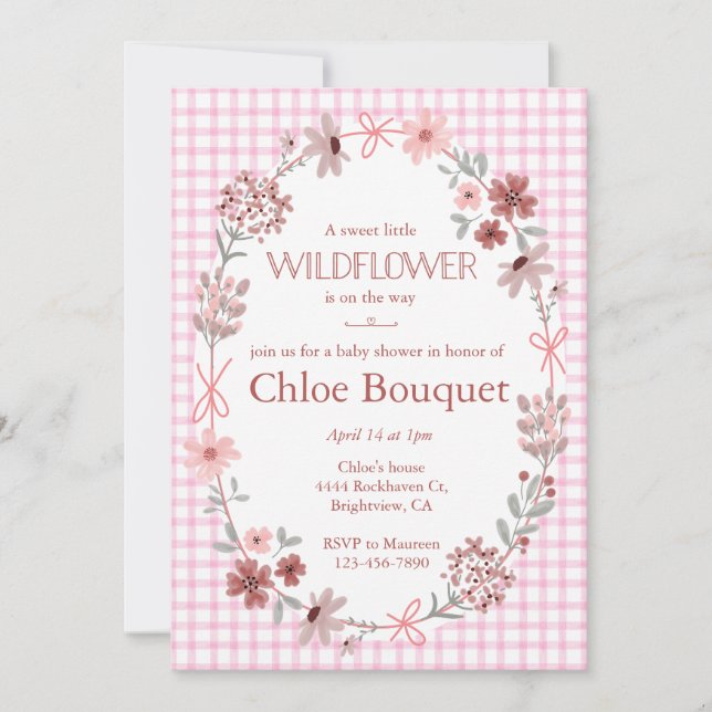 009 Fuchsia Pink Wildflower Gingham Baby Shower Invitation (Front)