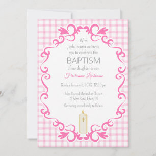009 Fuchsia Scroll Gingham Cross Candle Baptism Invitation
