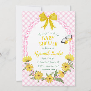 009 Fuchsia Yellow Daisy Bow Gingham Baby Shower Invitation