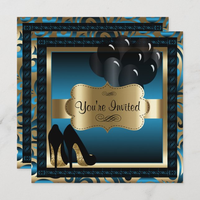 00th Birthday | Blue & Gold High Heels Invitation (Front/Back)