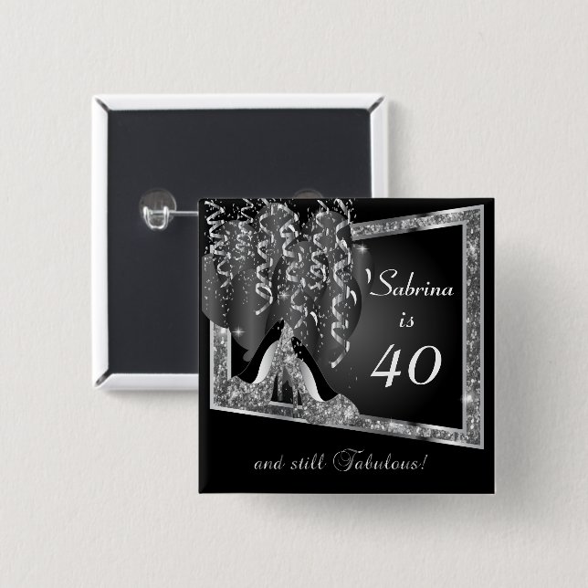 00th Birthday in Black & Silver Glitter 15 Cm Square Badge (Front & Back)