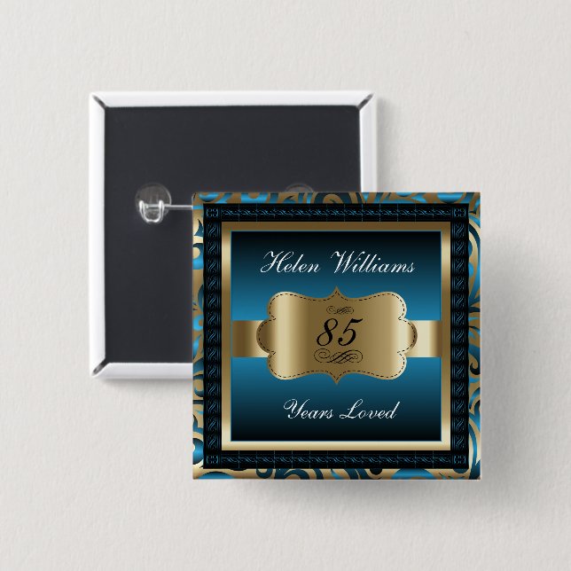 00th Birthday Party | Blue and Gold 15 Cm Square Badge (Front & Back)