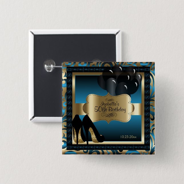 00th Birthday Party | Blue and Gold 15 Cm Square Badge (Front & Back)