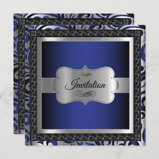 00th Birthday Party | Dark Blue Metallic & Silver Invitation (Front/Back)