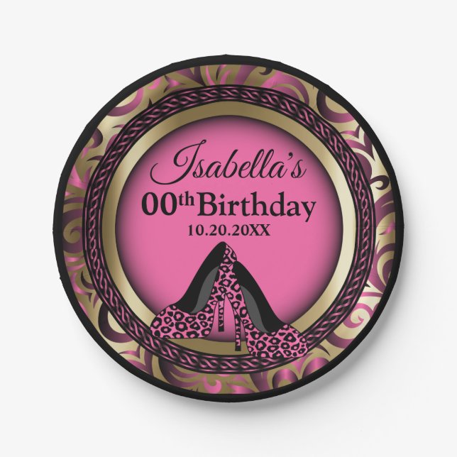 00th Birthday Party | Pink Leopard High Heels Paper Plate (Front)