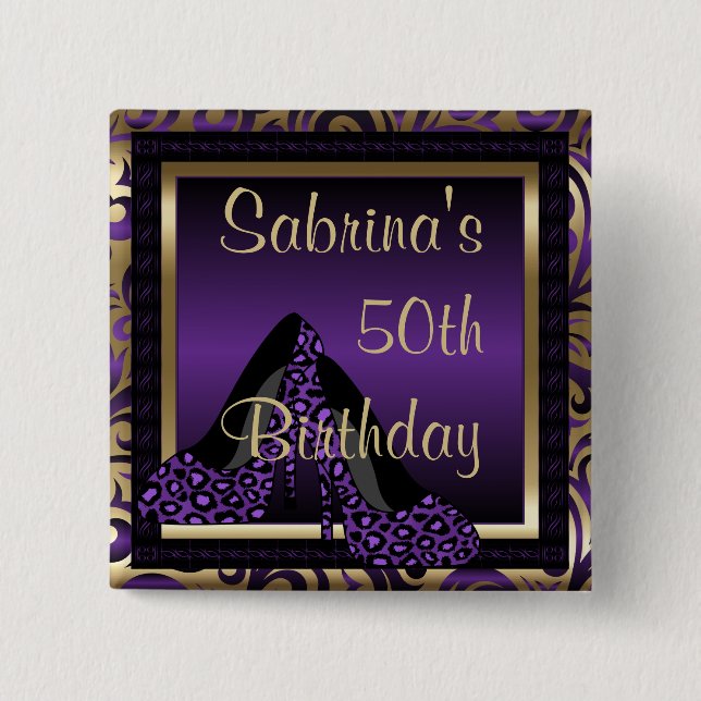 00th Birthday Party | Purple Leopard High Heels 15 Cm Square Badge (Front)