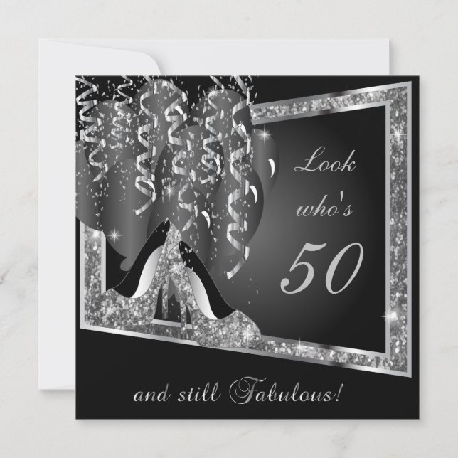 00th Birthday Party | Silver Glitter & Black Invitation (Front)