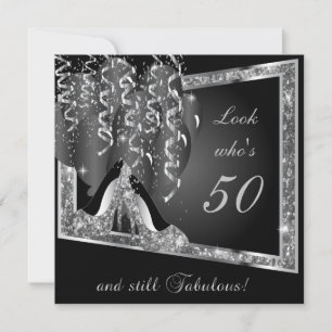 00th Birthday Party   Silver Glitter & Black Invitation