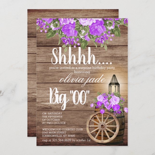 00th Birthday - Wood Barrel and Purple Flowers Invitation (Front/Back)