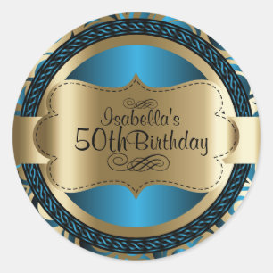 00th Blue and Gold Swirl Abstract Birthday Classic Round Sticker