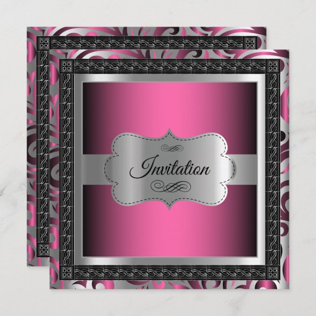 00th Surprise Birthday | Pink Metallic & Silver Invitation (Front/Back)